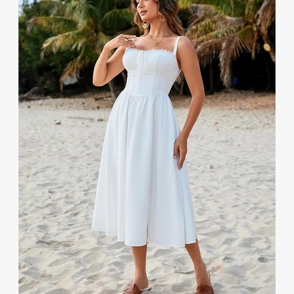 Summer Casual Midi Dress Smocked Sleeveless Flowy Slit A Line Beach Sundresses - Picture 4 of 6